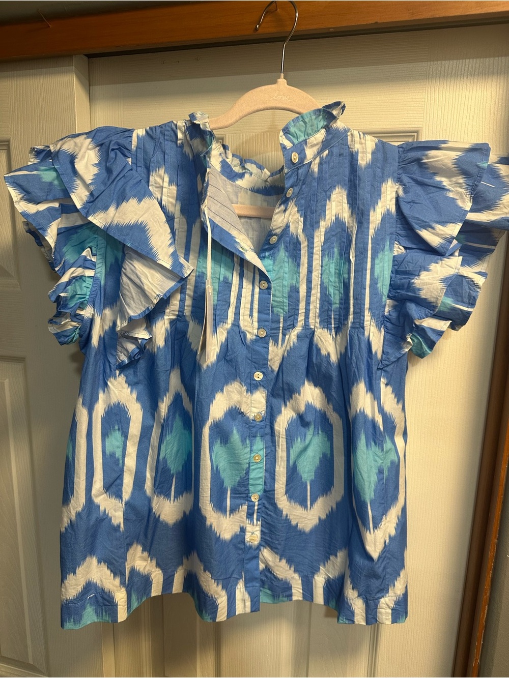 Oliphant Blue Ikat Ruffle-Sleeve Button Front Top